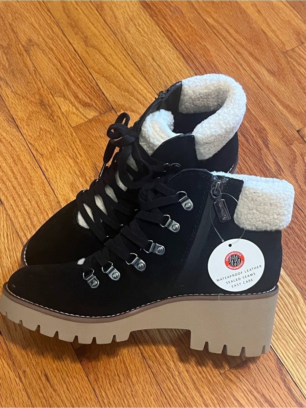 Blondo Black Lace-Up Lug Sole Ankle Boots with Cream Faux-Shearling Collar